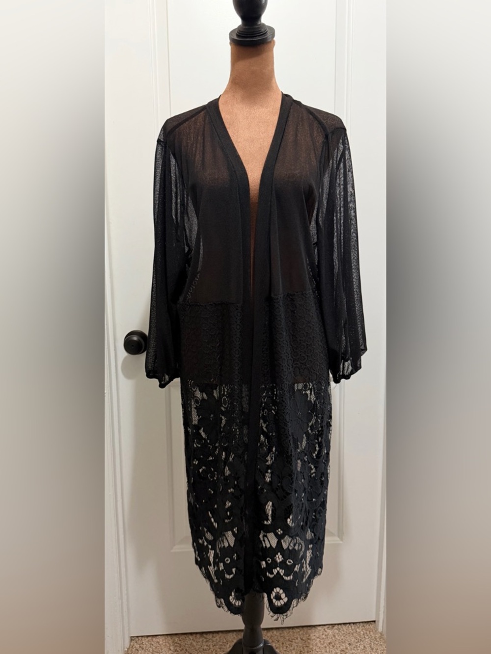 Black Sheer & Lace Kimono / Elegant Open Front Lounge Cover-Up